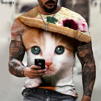 Тениска с кръгло деколте с 3D-принтом котка Мъжки и дамски модни и ежедневни тениска с къси ръкави Градинска тениска Harajuku