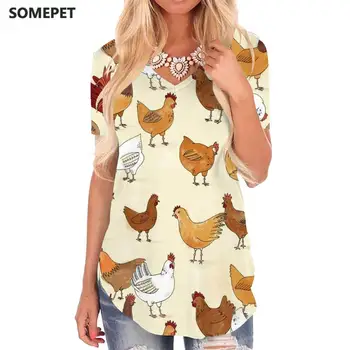 Тениска с пилета SOMEPET Дамски тениски с животни с принтом Harajuku Тениска с V-образно деколте Домашни тениски 3d Дамски дрехи Пънк-рок Готино
