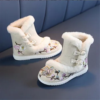 топли зимни обувки за момичета Hanfu обувки за момиче с бродерия в етнически стил детски обувки Hanfu с лесен дъно нескользящие плюшени топли високи ботуши