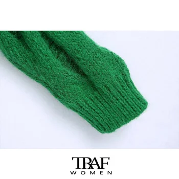 ТРАФИКА Za Дамска мода Свободен дрипави зелен съкратен вязаный пуловер Ретро Високо деколте с дълъг ръкав Дамски пуловери Шик върховете