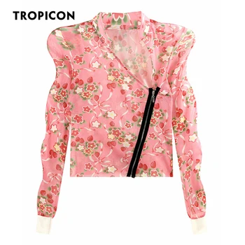 Тропикон Розов Цветен принт Топ с дълъг Ръкав блуза За жените наклонена яка с цип с пищни ръкави Дизайнерски дамски връхни дрехи