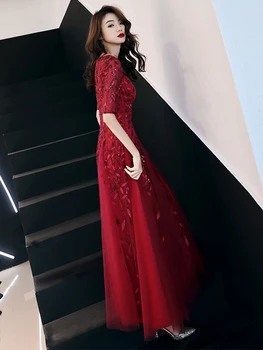 уей Ин 2021 Дълги вечерни рокли Robe De Soiree Сексуално луксозно червено вино с пайети Вечерна рокля с помпоном Рокля WY1134