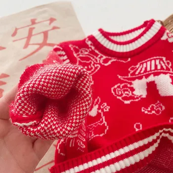 Унисекс Детски Коледен пуловер Червен цвят Пуловер Пролет Есен Зима Китайски Стил Коледна дрехи за момчета и момичета