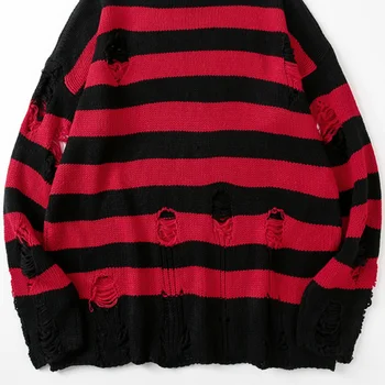 Унисекс Пуловери в ивицата Разрушени скъсани извънгабаритни плетени блузи, Ежедневни свободен пуловер Пуловер Мъжки хип - хоп Топ с дълъг ръкав