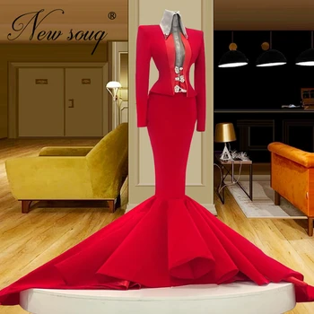 Халати Вечерни Червени вечерни рокли на Русалка 2021-Секси вечерна рокля с дълги ръкави Арабското рокля за бала в Дубай Плюс Размера на Вечерни облекла