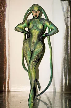 Хелоуин Рейв Парти Ролева сценична облекло Зелено боди змия Ликра Участък е Тесен Гащеризон на Мъже, Жени Cosplay Костюм