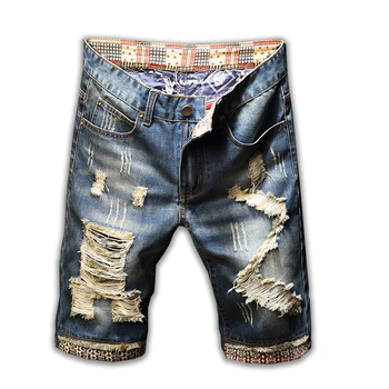 Хип-хоп дънкови къси панталони мъжки летни дънки с пет точки модерни висококачествени еластични тънки дупки по образец за печат лоскутные дънки за мъже