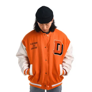Хип-хоп Лоскутная бейзболна яке за Мъже с бродерия букви Harajuku Студентски якета Дамски унисекс Университетски палта Зима Оранжево 2021