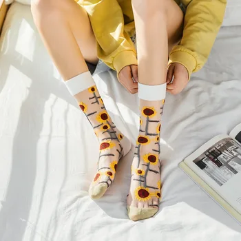 Цветни дамски чорапи с флорални принтом Фини дамски чорапи Дишащи къси тънки копринени мрежести чорапи Sokken Прекрасни Коледни чорапи