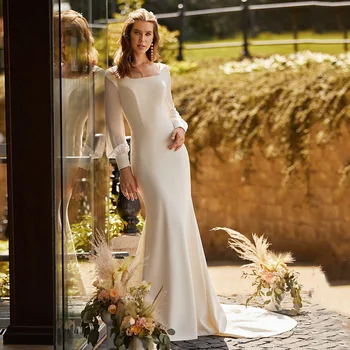 Цзяигун Модерна сватбена рокля 2022 с квадратна деколте и дълги ръкави от обикновен Джърси Сватбени рокли на Русалка Robe De Mariee Плюс Размер