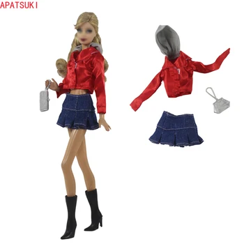 Червен Комплект Модни Тоалети за кукли Барби Палта Блузи, Топ, Дънки, пола Чантата си Чанта 1/6 Аксесоари за куклата къща Детски играчки