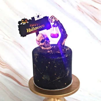 Череп LED Topper за торта за Хелоуин Щастлив Topper за торта за Хелоуин Декоративен знак Аксесоари за декорация на партита Инструмент за украса на тортата