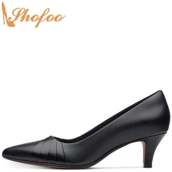 Черни плисирани детайли Обувки-лодка с високи токчета за жени с остри пръсти, без съединителни Голям размер 14 15 Дамски модни офис обувки за възрастни Shofoo
