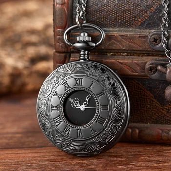 Черни римски цифри Кварцов джобни часовници За мъже и жени, Черни и кухи корпуса Steampunk Ретро Висулка Колие най-Добрите подаръци за мъже и жени