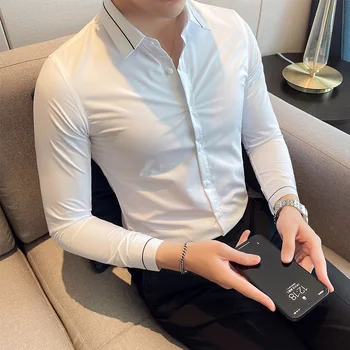 Черно-бели обикновена риза с дълъг ръкав за мъжки дрехи 2022 Прост оборудвана приятелка Бизнес официалната дрехи, Ежедневни Офис блуза Homme