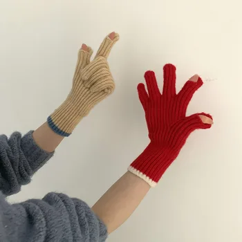 Чист цвят Възли вълнени Ръкавици Дамски Зимни сензорен екран Студент За езда Чифт дебели топли ръкавици, Дамски ръкавици