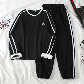 Чисто нов комплект от две части на harajuku За жени с писмото принтом тениска с дълъг ръкав и панталони до щиколоток Комплект Всекидневни женски спортен костюм черен костюм