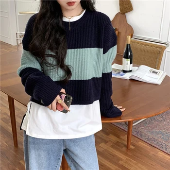 Японски Случайни шарени вязаный пуловер Съкратен Свободен тънък пуловер Дамски модни дрехи зимата Корейски Плюс Размер Жилетка Y2k Топ
