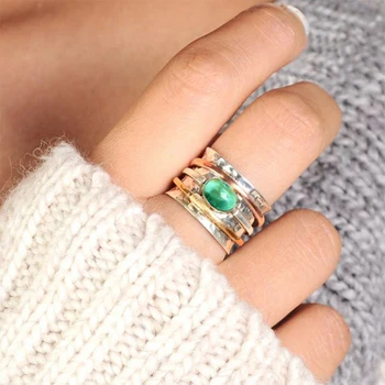 Винтажное посеребренное два тона Зелен пръстен от естествен камък, с широк камък за жените, Бохо, Парти, Пръстен, Мода декорация, подарък