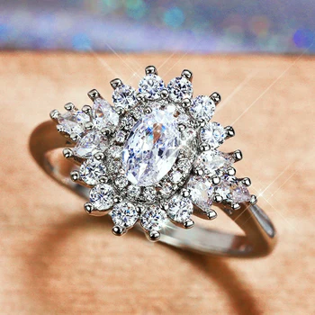 Нова Мода Модерен Дизайн годежен пръстен с кристали Гореща Разпродажба Пръстен за жени AAA Сребърен Кубичен Циркон Елегантен Пръстен Дамски бижута сватба