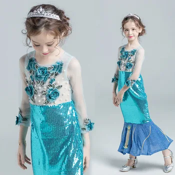 Принцеса рокля за момичета Рокля на модния подиум С костюм водещ Секси рокля от тюл с флорални пайети за момичета Елегантна вечерна синя дълга рокля