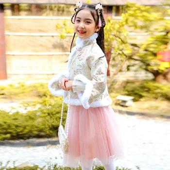 Традиционната китайска яке Рокля Костюми Ханфу за момичета Древен Ретро Тан Коледен костюм Лятно кимоно Чонсам Плат за деца